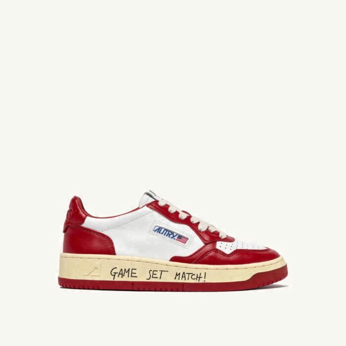 MEDALIST LOW IN WHITE AND RED LEATHER WITH LETTERING