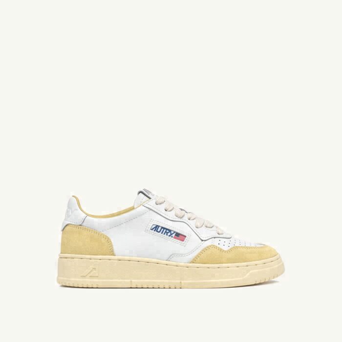 MEDALIST LOW IN WHITE LEATHER AND STRAW SUEDE
