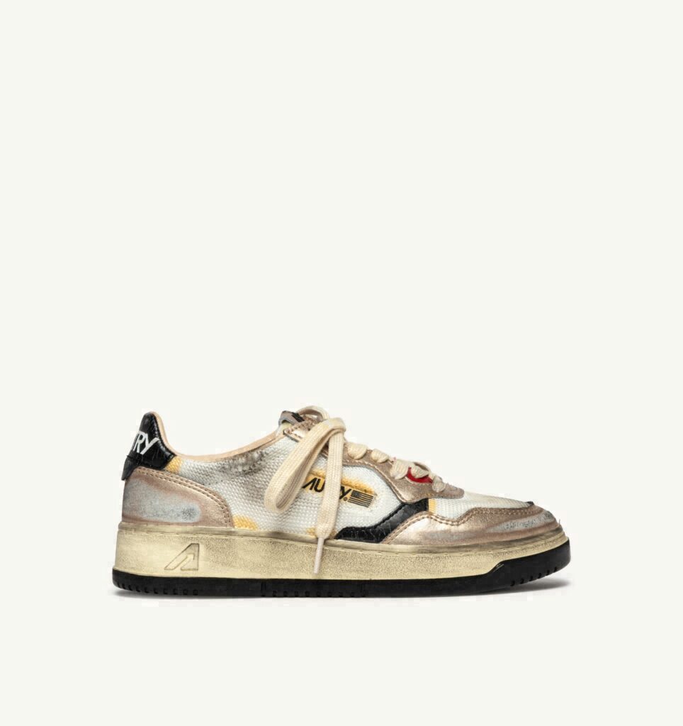 MEDALIST LOW SUPER VINTAGE EN MESH BLANC, DAIM OR ET CUIR NOIR