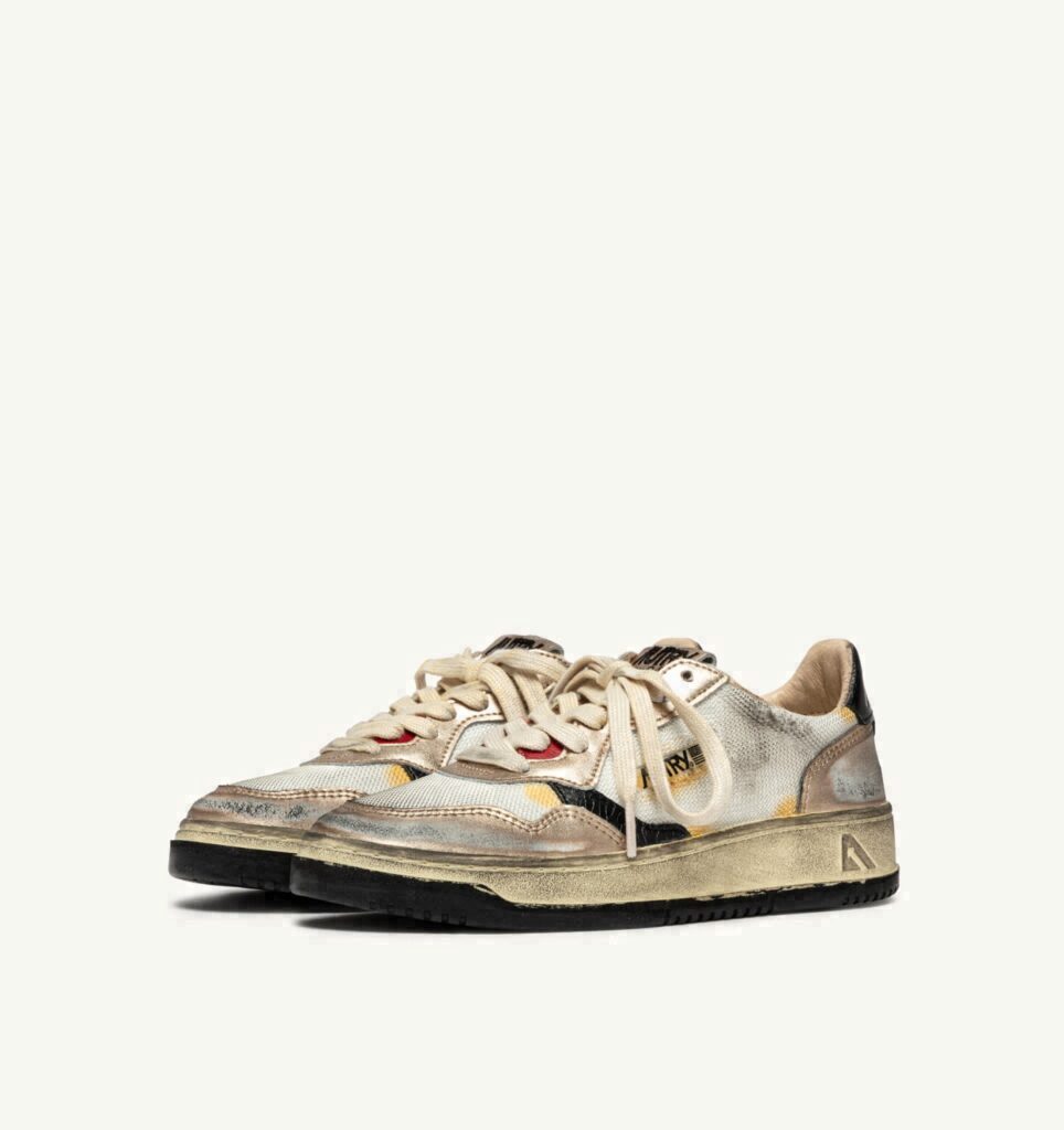 MEDALIST LOW SUPER VINTAGE EN MESH BLANC, DAIM OR ET CUIR NOIR