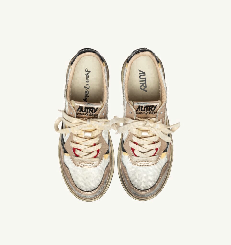 MEDALIST LOW SUPER VINTAGE EN MESH BLANC, DAIM OR ET CUIR NOIR